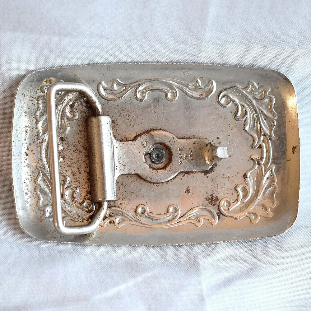 Vintage Belt Buckle‎ Horse Saddle Filigree Stamped Engraved Etched Western USA